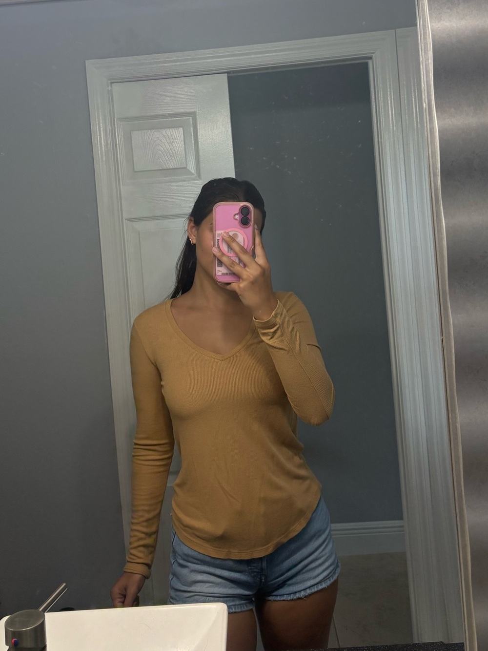 Aeropostale Women's Long-Sleeve V-Neck Top in Mustard Gold